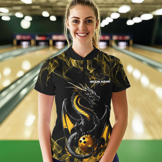 Custom Black And Gold Flame Dragon Bowling Womens Quarter-Zip Shirts, Bowling League Shirt IPHW8653
