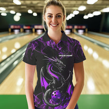 Load image into Gallery viewer, Custom Black And Purple Flame Dragon Bowling Team Womens Polo Shirts, Bowling League Shirt IPHW8654