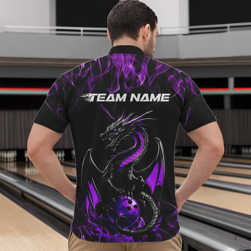 Custom Black And Purple Flame Dragon Bowling Team Quarter-Zip Shirts For Men, Bowling League Shirt IPHW8654