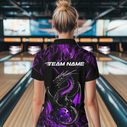 Custom Black And Purple Flame Dragon Bowling Womens Quarter-Zip Shirt, Bowling League Shirt IPHW8654