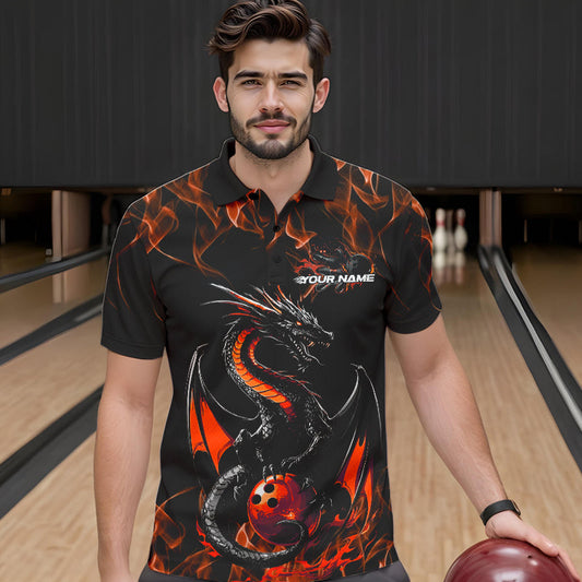 Custom Black And Orange Flame Dragon Bowling Team Polo Shirts For Men, Bowling League Shirt IPHW8655