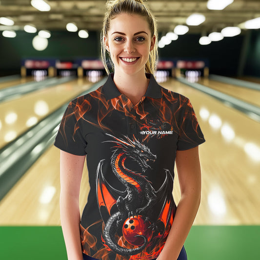 Custom Black And Orange Flame Dragon Bowling Team Womens Polo Shirts, Bowling League Shirt IPHW8655