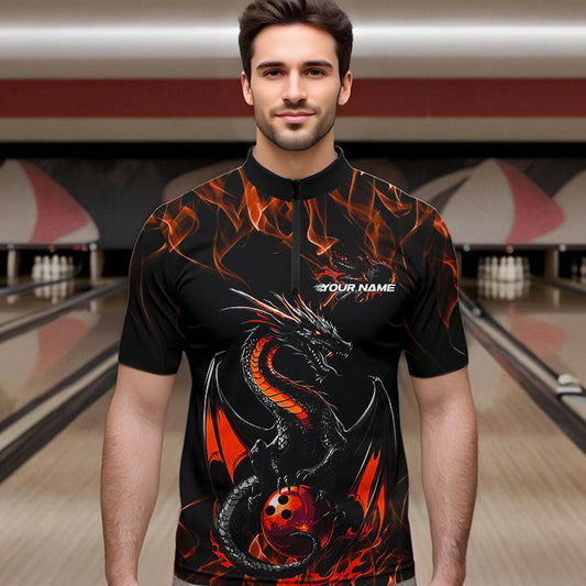 Custom Black And Orange Flame Dragon Bowling Team Quarter-Zip Shirts For Men, Bowling League Shirt IPHW8655