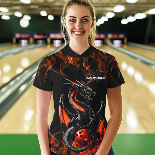 Custom Black And Orange Flame Dragon Bowling Womens Quarter-Zip Shirt, Bowling League Shirt IPHW8655