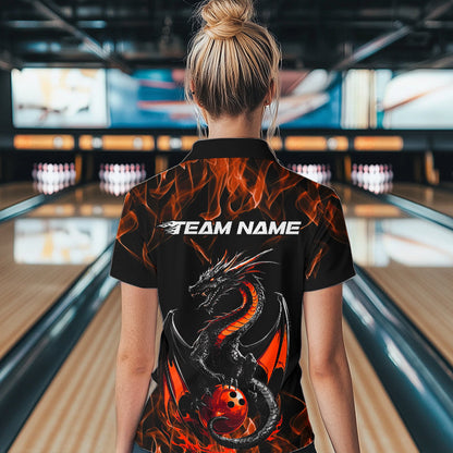 Custom Black And Orange Flame Dragon Bowling Womens Quarter-Zip Shirt, Bowling League Shirt IPHW8655