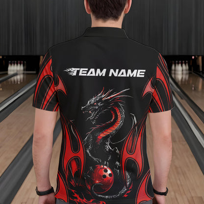 Custom Black And Red Flame Dragon Bowling Tournament Polo Shirts For Men, Bowlers Outfits IPHW8656