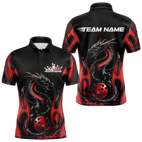 Custom Black And Red Flame Dragon Bowling Tournament Polo Shirts For Men, Bowlers Outfits IPHW8656