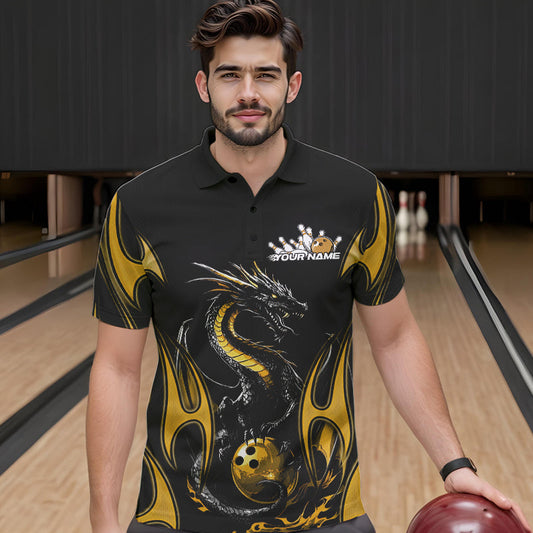 Custom Black And Gold Flame Dragon Bowling Tournament Polo Shirts For Men, Bowlers Outfits IPHW8658