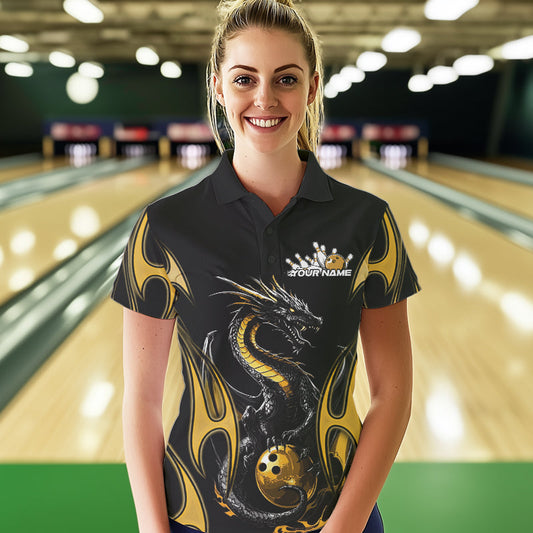 Custom Black And Gold Flame Dragon Bowling Tournament Womens Polo Shirts, Bowlers Outfits IPHW8658