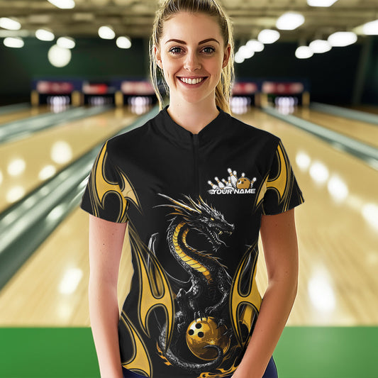 Custom Black And Gold Flame Dragon Bowling Tournament Womens Quarter-Zip Shirts IPHW8658