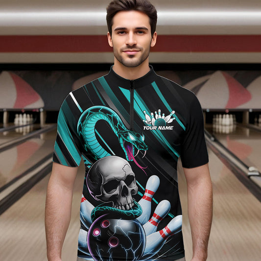 Custom Black And Blue Snake Skull Bowling Quarter-Zip Shirts For Men, Bowling Team Shirt IPHW8669