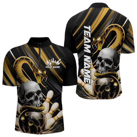 Custom Black And Yellow Snake Skull Bowling Quarter-Zip Shirts For Men, Bowling Team Shirt IPHW8671