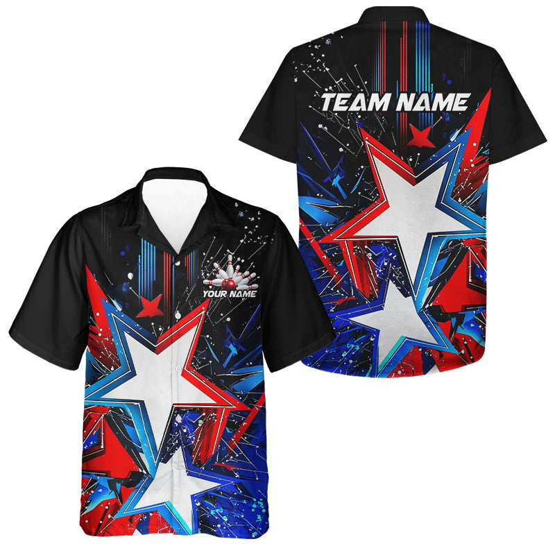 Red White And Blue Stars Custom US Bowling Hawaiian Shirts For Men, Patriotic Bowling Jersey IPHW7553