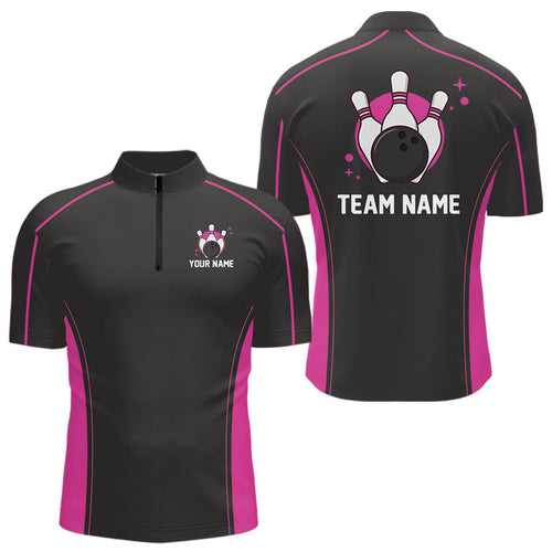 Custom Black And Pink Classic Bowling Team Quarter-Zip Shirt For Men, Bowling League Shirt IPHW9915