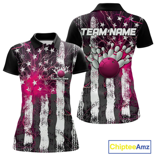 Pink Lightning US Flag Custom Bowling Team Jersey, Patriotic Bowling Polo Shirt For Women IPHW9916