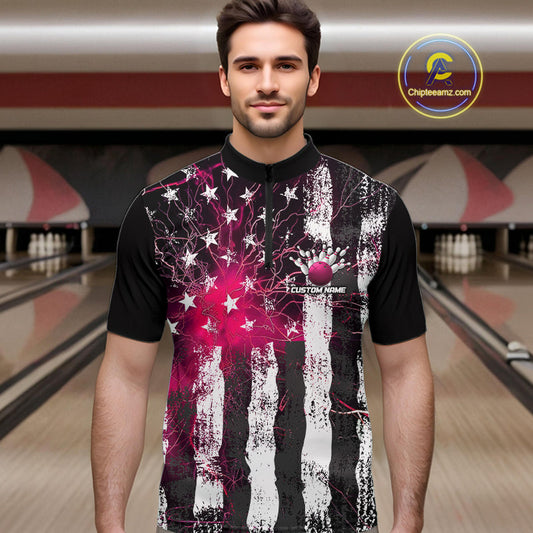 Pink Lightning US Flag Custom Bowling Team Jerseys, Patriotic Bowling Quarter-Zip Shirt For Men IPHW9916