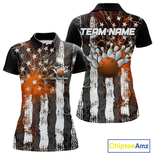 Orange Lightning US Flag Custom Bowling Team Jerseys, Patriotic Bowling Women Polo Shirt IPHW9917
