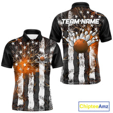 Load image into Gallery viewer, Orange Lightning US Flag Custom Bowling Team Jerseys, Patriotic Bowling Polo Shirt For Men IPHW9917