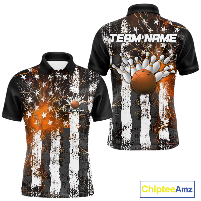 Orange Lightning US Flag Custom Bowling Team Jerseys, Patriotic Bowling Polo Shirt For Men IPHW9917