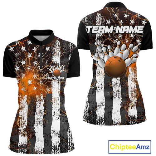Orange Lightning US Flag Custom Bowling Jersey, Patriotic Bowling Women Quarter-Zip Shirt IPHW9917