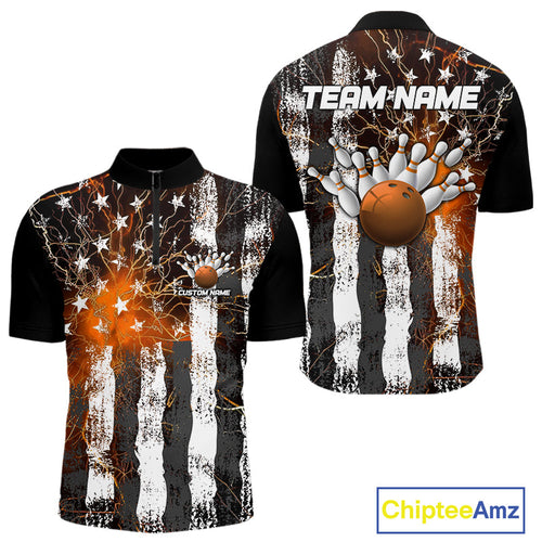 Orange Lightning US Flag Custom Bowling Team Jerseys, Patriotic Bowling Quarter-Zip Shirt For Men IPHW9917
