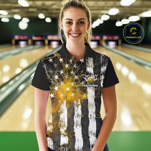 Load image into Gallery viewer, Yellow Lightning US Flag Custom Bowling Team Jerseys, Patriotic Bowling Women Polo Shirt IPHW9918
