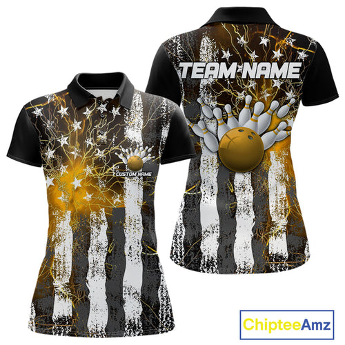 Yellow Lightning US Flag Custom Bowling Team Jerseys, Patriotic Bowling Women Polo Shirt IPHW9918