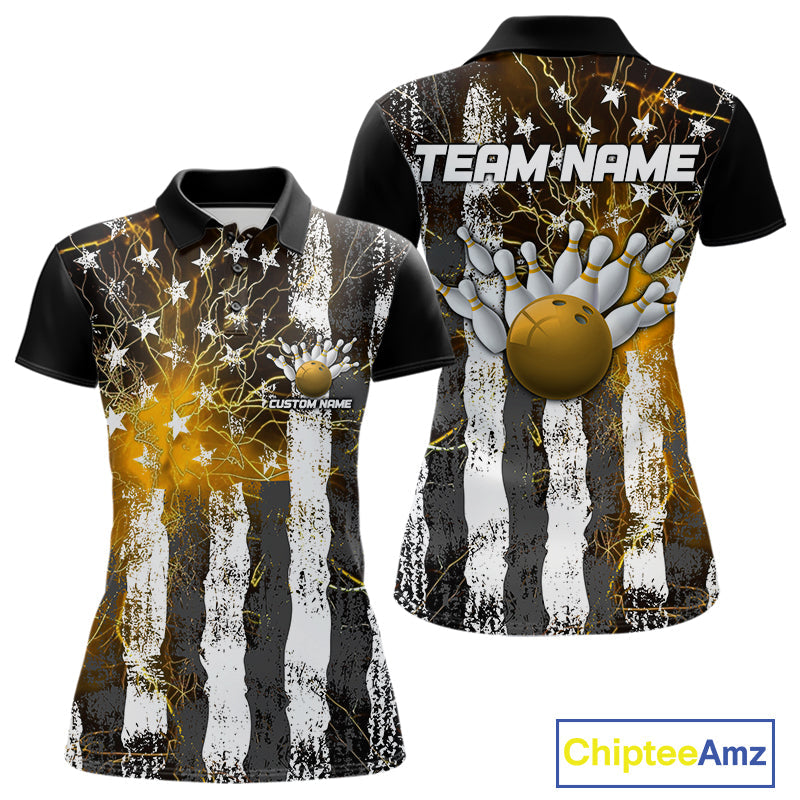 Yellow Lightning US Flag Custom Bowling Team Jerseys, Patriotic Bowling Women Polo Shirt IPHW9918