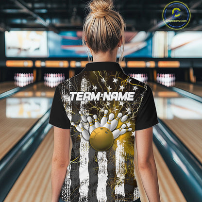 Yellow Lightning US Flag Custom Bowling Jersey, Patriotic Bowling Women Quarter-Zip Shirt IPHW9918