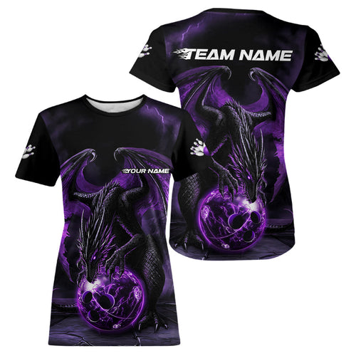 Black And Purple Custom Bowling Team Women T-Shirts Shirts, Dragon Bowling Uniform Bowler Outfits IPHW7990