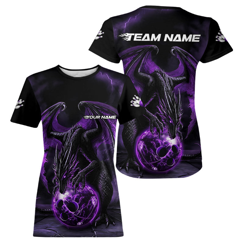 Black And Purple Custom Bowling Team Women T-Shirts Shirts, Dragon Bowling Uniform Bowler Outfits IPHW7990