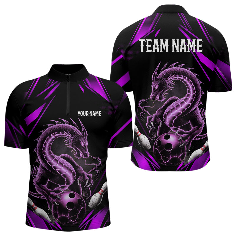 Custom Black And Purple Dragon Bowling Quarter-Zip Shirts For Men, Dragon Bowling League Shirt IPHW8673