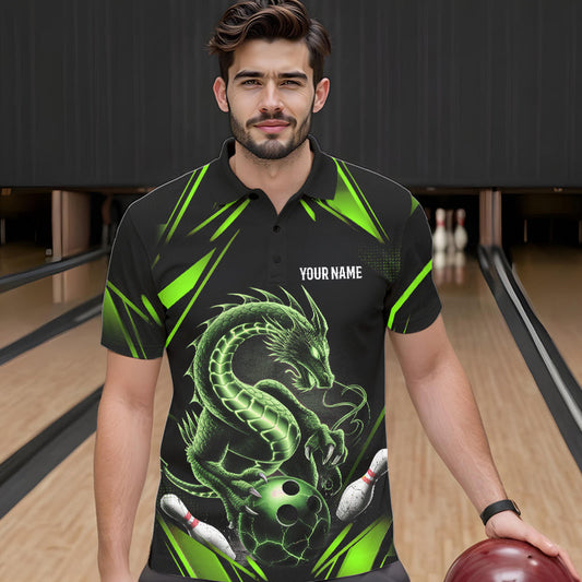 Custom Black And Green Dragon Bowling Polo Shirts For Men, Dragon Bowling League Shirt IPHW8674