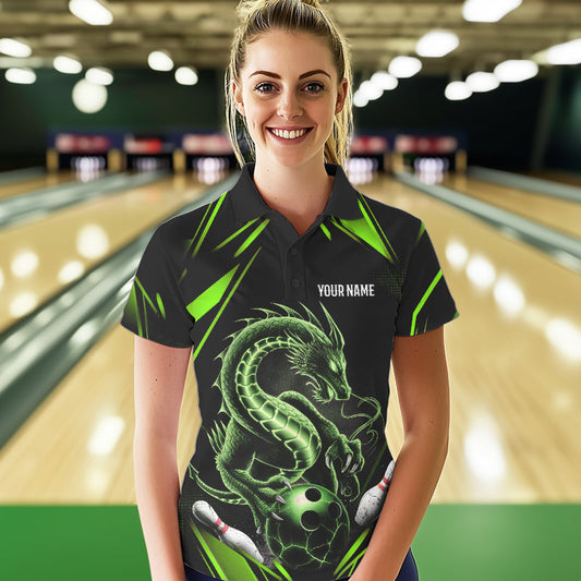 Custom Black And Green Dragon Bowling Polo Shirts For Women, Dragon Bowling League Shirt IPHW8674