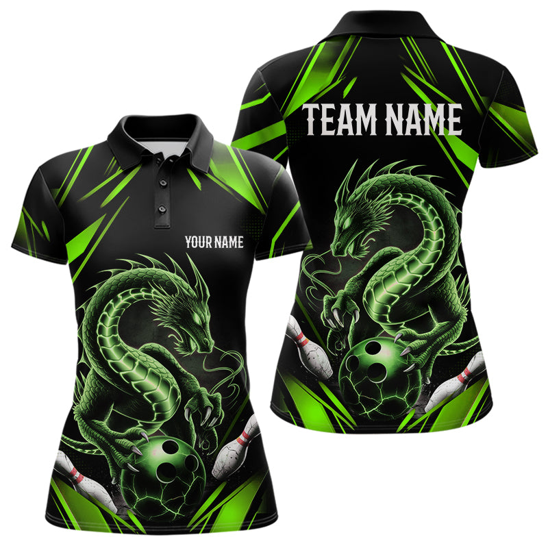 Custom Black And Green Dragon Bowling Polo Shirts For Women, Dragon Bowling League Shirt IPHW8674