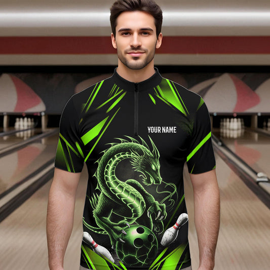 Custom Black And Green Dragon Bowling Quarter-Zip Shirts For Men, Dragon Bowling League Shirt IPHW8674