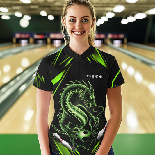 Custom Black And Green Dragon Womens Bowling Quarter-Zip Shirt, Dragon Bowling League Shirt IPHW8674