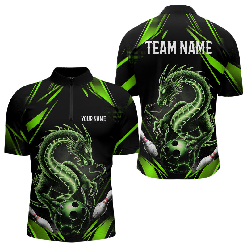 Custom Black And Green Dragon Bowling Quarter-Zip Shirts For Men, Dragon Bowling League Shirt IPHW8674