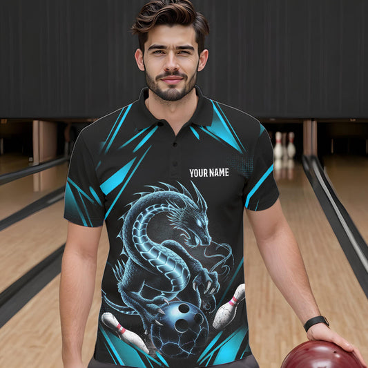Custom Black And Blue Dragon Bowling Polo Shirts For Men, Dragon Bowling League Shirt IPHW8675