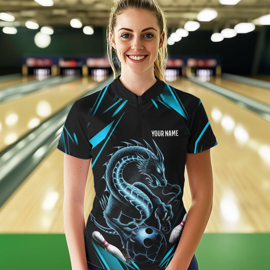 Custom Black And Blue Dragon Womens Bowling Quarter-Zip Shirts, Dragon Bowling League Shirt IPHW8675