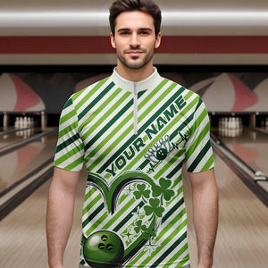 Custom Saint Patricks Day Heart Bowling Quarter-Zip Shirt For Men, Lucky Bowling Team League Shirt IPHW8683