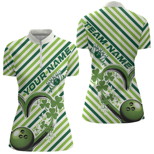 Custom Saint Patricks Day Heart Bowling Womens Quarter-Zip Shirt, Lucky Bowling Team Shirt IPHW8683