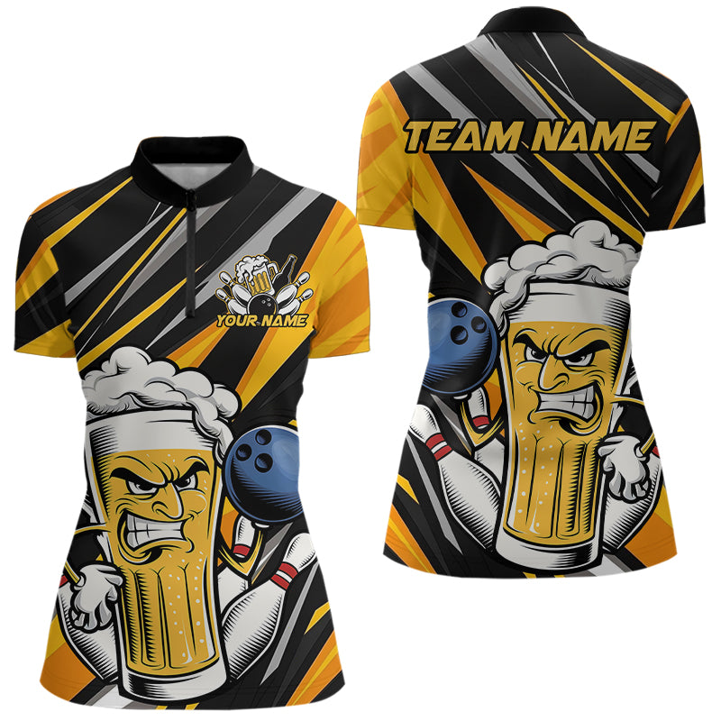 Custom Black And Yellow Funny Beer Bowling Women Quarter-Zip Shirt, Angry Beer Glass Jersey IPHW8933