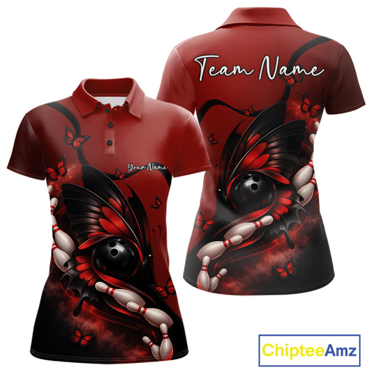Front and back display of a red and black women’s bowling polo shirt showcasing a butterfly wrapped around a bowling ball and bowling pins.