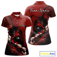 Load image into Gallery viewer, Front and back display of a red and black women’s bowling polo shirt showcasing a butterfly wrapped around a bowling ball and bowling pins.