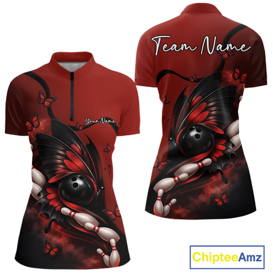 Front and back display of a red and black women’s bowling quarter-zip shirt showcasing a butterfly wrapped around a bowling ball and bowling pins.