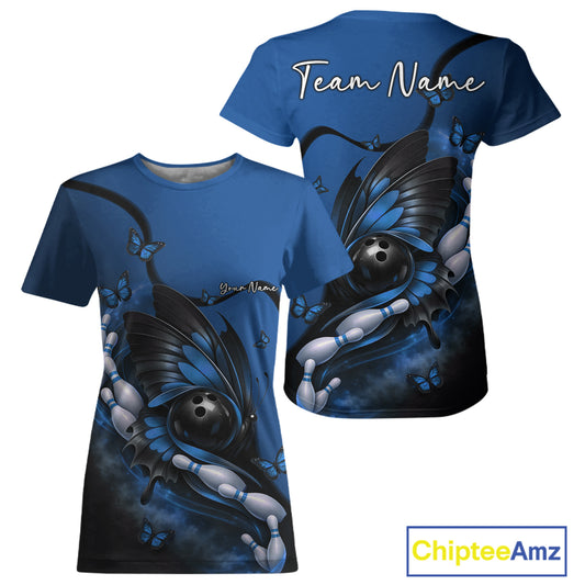 Front and back view of a blue and black women’s crewneck bowling T-shirt featuring butterfly artwork surrounding a bowling ball and bowling pins.