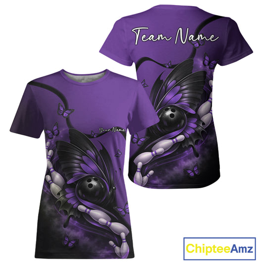 Women’s crewneck bowling shirt in purple and black, displayed from front and back with a butterfly wrapped around a bowling ball and pins.