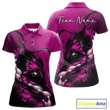 Load image into Gallery viewer, Front and back display of a pink and black women’s bowling polo shirt showcasing a butterfly wrapped around a bowling ball and bowling pins.