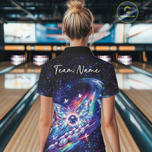Load image into Gallery viewer, Back view of a female model wearing a bowling polo shirt with luminous butterfly wings, a bowling ball centerpiece, and galaxy graphics.